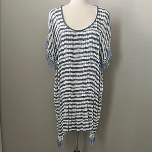 Skemo Blue & White Beaded Tassels Pleated Sharkbite Hem Swimsuit Cover-up- Small